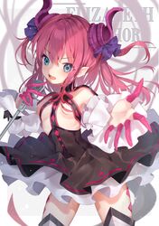  1girl asymmetrical_horns black_dress blue_eyes character_name cowboy_shot detached_sleeves dress elizabeth_bathory_(fate) elizabeth_bathory_(fate)_(all) elizabeth_bathory_(fate/extra_ccc) elizabeth_bathory_(first_ascension)_(fate) fate/grand_order fate_(series) flat_chest hair_ribbon highres holding holding_microphone horns legs_apart long_hair looking_at_viewer microphone moriyama_meiko music open_mouth pink_hair purple_ribbon ribbon singing solo standing tail white_sleeves 