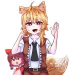  2girls :d absurdres ahoge animal_ear_fluff animal_ears asymmetrical_hair bangs black_eyes black_necktie blonde_hair blush bow breasts bright_pupils brown_dress brown_hair collared_shirt commentary_request cookie_(touhou) cowboy_shot detached_sleeves dress fang fox_ears fox_girl fox_tail hair_bow hair_tubes hakurei_reimu highres looking_at_viewer medium_hair minigirl miramikaru_riran multiple_girls necktie nervous_smile open_mouth pinafore_dress psychic_parrot red_bow red_eyes sakenomi_(cookie) shirt short_hair short_sleeves sidelocks simple_background small_breasts smile tail touhou triangle_mouth white_background white_pupils white_shirt white_sleeves yellow_necktie 
