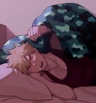  1boy bakugou_katsuki bed bedroom black_tank_top boku_no_hero_academia camouflage donnaoneone hand_on_own_head looking_at_viewer lying male_focus on_side open_mouth pectorals pillow red_eyes solo spiky_hair tank_top 