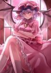  1girl absurdres back_bow bat_wings bow breasts brooch closed_mouth collared_shirt crossed_arms crossed_legs dress eyebrows_visible_through_hair feet_out_of_frame frilled_shirt_collar frilled_sleeves frills hat hat_ribbon highres indoors jewelry light_purple_hair maboroshi_mochi mob_cap moon pink_dress pink_headwear pink_moon pink_skirt pink_theme puffy_short_sleeves puffy_sleeves red_bow red_eyes red_ribbon remilia_scarlet ribbon sash shirt short_sleeves sitting skirt small_breasts smile socks touhou v-shaped_eyebrows white_legwear window wings yellow_brooch 