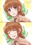  1girl absurdres artist_name blush bow brown_hair closed_eyes green_bow hair_bow hands highres long_hair looking_at_viewer marguerite_fatima open_mouth ponytail smile starbacks_udon violet_eyes xenogears 