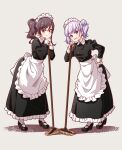  2girls :3 alternate_costume alternate_hairstyle black_footwear black_hair closed_mouth double_bun enmaided eyebrows_visible_through_hair hand_on_hip high_heels highres holding holding_mop long_sleeves looking_at_viewer maid maid_headdress mop multiple_girls narumi_tsubame new_game! official_art open_mouth purple_hair short_hair smile suzukaze_aoba tokunou_shoutarou violet_eyes white_legwear yellow_eyes 