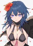  1girl arms_behind_back bangs banned_artist bare_shoulders bikini black_bikini black_cape blue_eyes blue_hair breasts byleth_(fire_emblem) byleth_eisner_(female) cape commentary english_commentary fire_emblem fire_emblem:_three_houses fire_emblem_heroes flower hair_between_eyes hair_flower hair_ornament hibiscus highres large_breasts long_hair looking_at_viewer navel red_flower shimizu_akina smile solo stomach swimsuit upper_body 