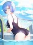  1girl ass blue_eyes blue_hair blue_swimsuit blush bob_cut breasts chain-link_fence clouds cloudy_sky commission commissioner_upload day fence from_behind gya_(144) highres large_breasts looking_at_viewer name_tag one-piece_swimsuit open_mouth outdoors poolside re:zero_kara_hajimeru_isekai_seikatsu rem_(re:zero) revision school_swimsuit short_hair sky solo swimsuit thighs water wet wet_clothes wet_swimsuit 