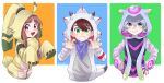  1girl 2boys amanokawa_hiro angoramon angoramon_(cosplay) bandaged_wrist bandages cosplay digimon digimon_ghost_game gammamon gammamon_(cosplay) hamako higashimitarai_kiyoshirou highres hood hoodie jellymon jellymon_(cosplay) multiple_boys open_arms scar_on_ear tsukiyono_ruli 