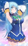  1girl absurdres ai-nohikari aqua_(konosuba) armpits arms_up bangs bare_shoulders blue_eyes blue_hair blue_shirt blue_skirt blush bow bowtie breasts brooch commentary_request cowboy_shot detached_sleeves eyebrows_visible_through_hair green_bow green_bowtie hair_between_eyes highres jewelry kono_subarashii_sekai_ni_shukufuku_wo! large_breasts long_hair looking_at_viewer miniskirt shirt skirt skirt_set sleeveless sleeveless_shirt solo standing very_long_hair 