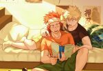  2boys bakugou_katsuki bangs bed black_shirt blonde_hair boku_no_hero_academia book donnaoneone green_shorts headband holding holding_book holding_pen kirishima_eijirou lying male_focus multiple_boys on_bed on_side open_book open_mouth orange_shirt pen red_eyes redhead sharp_teeth shirt short_hair shorts sitting socks spiky_hair teeth yellow_shorts 