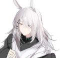  1girl animal_ears arknights black_collar black_jacket collar extra_ears frostnova_(arknights) grey_eyes grey_hair hair_ornament hair_over_one_eye hairclip highres infection_monitor_(arknights) jacket joshua_(shisanli934) long_hair rabbit_ears scar scar_on_face scar_on_nose shirt simple_background sketch smile solo upper_body white_background white_shirt 