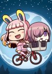 2girls animal_ears april_fools bicycle bicycle_basket blush_stickers chibi closed_eyes e.t. fate/grand_order fate_(series) flying full_moon gloves ground_vehicle hair_over_one_eye highres in_basket long_hair mash_kyrielight moon multiple_girls official_art open_mouth outstretched_arm parody rabbit_ears riding riyo_(lyomsnpmp) riyo_servant_(bunnygirl)_(fate) smile white_gloves 