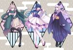  3girls alternate_costume bangs bare_shoulders black_gloves black_headwear black_ribbon bow braid brown_background brown_skirt danganronpa:_trigger_happy_havoc danganronpa_(series) danganronpa_2:_goodbye_despair full_body gloves green_scarf hair_bow hair_ornament hair_ribbon hairclip highres kirigiri_kyouko long_hair long_sleeves low_twintails maizono_sayaka multiple_girls nanami_chiaki obi over-kneehighs pink_bow pleated_skirt ribbon sandals sash scarf side_braid skirt smile striped_sleeves thigh-highs twintails white_legwear wide_sleeves yukimi_dango_(usagisan6591) zettai_ryouiki 