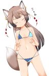  1girl :3 animal_ears bikini brown_hair buttons closed_eyes covered_nipples double-breasted flat_chest fox_ears fox_tail hair_ribbon highres kantai_collection kazagumo_(kancolle) long_hair looking_at_viewer micro_bikini multi-strapped_bikini nassukun navel ponytail ribbon smile solo standing striped striped_bikini swimsuit tail teeth white_background 