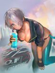  1girl angel_(kof) blue_eyes boots bottle bra breasts chaps cowboy_boots cropped_jacket eyebrows_visible_through_hair fingerless_gloves gloves hair_over_one_eye holding holding_bottle jacket large_breasts leather leather_jacket one_eye_closed smile snk strapless strapless_bra sweat teeth the_king_of_fighters the_king_of_fighters_xv toned underwear uripititi water_bottle 