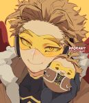  1boy belt black_footwear blonde_hair boku_no_hero_academia brown_jacket brown_pants character_doll cheek_squash costume doll face facial_hair facial_mark fur-trimmed_jacket fur_trim gloves goatee hand_up hawks_(boku_no_hero_academia) headphones high_collar holding holding_doll jacket kadeart looking_at_viewer male_focus pants pocket portrait red_wings rimless_eyewear shirt short_hair simple_background skin_tight smile solo stubble tight tight_shirt tinted_eyewear twitter_username wings yellow_background yellow_eyes 