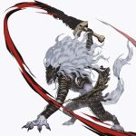  1boy absurdres attack elden_ring fighting_stance furry furry_male grey_hair helmet highres holding holding_sword holding_weapon long_hair male_focus maliketh_the_black_blade monster onion_maru simple_background slashing solo sword weapon white_background 