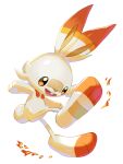  :d commentary_request fire full_body highres looking_down mian_(3zandora) open_mouth pokemon pokemon_(creature) scorbunny simple_background smile solo tongue white_background 