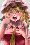  1girl absurdres blonde_hair breasts collared_shirt drooling eyebrows_visible_through_hair flandre_scarlet frilled_shirt_collar frilled_sleeves frills grey_background hair_between_eyes hand_on_own_chest hat hat_ribbon highres long_hair looking_at_viewer maboroshi_mochi mob_cap mouth_pull nail_polish necktie puffy_short_sleeves puffy_sleeves red_nails red_ribbon red_vest ribbon shirt short_sleeves simple_background small_breasts solo teeth tongue tongue_out touhou upper_body upper_teeth vest white_headwear white_shirt wings yellow_necktie 