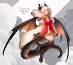  1girl animal_feet bow claws clouds collared_shirt dragon_girl dragon_horns dragon_tail dragon_wings dress fang fang_out fangs fangs_out fingernails frilled_dress frilled_sleeves frills hogara horns long_sleeves looking_at_viewer medium_hair monster_girl original red_eyes scales sharp_fingernails sharp_teeth shirt signature slit_pupils tail talons teeth white_hair wide_sleeves wings 