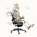  1girl absurdres ahoge animal_ears bangs blue_eyes brown_jacket chair ear_ornament full_body green_skirt grey_background highres horse_ears horse_girl horse_tail jacket long_hair office_chair oguri_cap_(umamusume) shirt shoes silver_hair simple_background sitting skirt smile sneakers solo tail umamusume waffle_drink white_shirt 