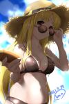  1girl artist_name ban_(777purin) bikini black_bikini blonde_hair blush breasts closed_mouth collarbone dated eyebrows_visible_through_hair fate_testarossa hat highres large_breasts long_hair looking_at_viewer lyrical_nanoha mahou_shoujo_lyrical_nanoha_strikers navel red_eyes shiny shiny_hair smile solo straw_hat sunglasses swimsuit upper_body 