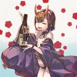  1girl alcohol bob_cut bottle closed_eyes eyeliner fate/grand_order fate_(series) gradient gradient_background headpiece holding holding_bottle horns isagiyo japanese_clothes kimono makeup off_shoulder oni oni_horns open_clothes open_kimono open_mouth purple_hair purple_kimono revealing_clothes sake sake_bottle short_hair shuten_douji_(fate) skin-covered_horns smile solo translation_request 