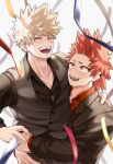  2boys bakugou_katsuki bangs black_jacket black_shirt black_vest blonde_hair blush boku_no_hero_academia carrying carrying_person closed_eyes collared_shirt donnaoneone earrings highres jacket jewelry kirishima_eijirou looking_at_another male_focus multiple_boys open_mouth red_eyes red_shirt redhead sharp_teeth shirt short_hair smile streamers teeth vest 