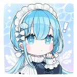 ! +_+ 1girl bangs black_dress blue_hair blue_nails blush_stickers bow chibi chon_(chon33v) closed_mouth cropped_torso dress ear_piercing eyebrows_visible_through_hair hair_between_eyes hair_bow long_hair long_sleeves looking_at_viewer low_twintails maid maid_headdress nail_polish original piercing pinching_sleeves puffy_long_sleeves puffy_sleeves shell_hair_ornament signature sleeves_past_wrists solo twintails upper_body white_bow 