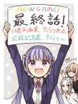  arms_up blonde_hair blue_eyes blush brown_hair character_request copyright_name eyebrows_visible_through_hair highres holding holding_sign long_hair long_sleeves looking_at_viewer new_game! open_mouth parted_lips purple_hair short_hair sign smile suzukaze_aoba teeth tokunou_shoutarou translation_request twintails violet_eyes yagami_kou 