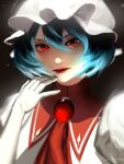  1girl absurdres blue_hair commentary english_commentary eyebrows_behind_hair gloves hair_between_eyes hand_on_own_chin hand_up hat highres lexirinthe lips lipstick looking_at_viewer makeup mob_cap puffy_short_sleeves puffy_sleeves red_eyes remilia_scarlet shirt short_hair short_sleeves solo touhou twitter_username upper_body v-shaped_eyebrows white_gloves white_headwear white_shirt 