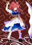  1girl breasts coin fufuyomumusu hair_bobbles hair_ornament highres looking_at_viewer nail_polish obi onozuka_komachi puffy_sleeves red_eyes redhead sandals sash scythe short_sleeves smile solo tabi touhou two_side_up 