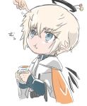 1boy 1other arknights bishounen blue_eyes chewing chibi crumbs executor_(arknights) grey_hair halo jar katakana male_focus mechanical_halo poyo_taya short_hair simple_background solo white_background wings