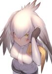  1girl absurdres akuma_(st.takuma) bangs black_gloves blonde_hair breast_pocket breasts commentary eyebrows_visible_through_hair fingerless_gloves gloves grey_shirt grey_shorts hair_between_eyes head_wings highres kemono_friends large_breasts looking_at_viewer multicolored_hair necktie pocket shirt shoebill_(kemono_friends) shorts simple_background single_sidelock solo two-tone_hair white_background white_necktie yellow_eyes 