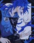  1boy absurdres artist_name belt black_belt blue_eyeshadow blue_hair blue_lips blue_vest collarbone commentary_request eyeshadow from_side highres idia_shroud long_hair makeup male_focus open_mouth profile saw_(dtn_error) solo twisted_wonderland upper_body vest yellow_eyes 