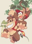  2boys animal animal_focus baseball_cap brown_eyes clenched_teeth commentary_request diddy_kong donkey_kong donkey_kong_(series) full_body hand_on_another&#039;s_shoulder hat hoshikuzu_pan monkey monkey_tail multiple_boys navel necktie no_humans open_mouth plant red_headwear red_necktie simple_background smile tail teeth vines 