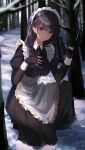  1girl absurdres apron bangs black_apron blunt_bangs braid breasts gun highres large_breasts long_hair long_sleeves looking_at_viewer maid maid_apron maid_headdress one_knee original red_eyes snow solo weapon winter yeorem 