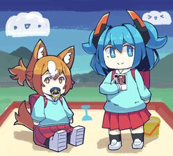  animal_ears aria_rin bag blue_eyes blue_hair brown_eyes brown_hair dog_ears feilereht horns kindergarten_bag kindergarten_uniform koragi original ponytail short_hair short_twintails smile thick_eyebrows twintails virtual_youtuber welsh_corgi 