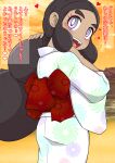  1girl absurdres alternate_costume aor_saiun back_bow black_hair blush bow bright_pupils clouds commentary_request cowboy_shot dark-skinned_female dark_skin forehead from_behind hands_up happy hapu_(pokemon) heart highres japanese_clothes kimono light_blush long_hair long_sleeves looking_at_viewer looking_back nape open_mouth orange_background orange_sky outdoors partial_commentary pokemon pokemon_(game) pokemon_sm red_bow sidelocks sky smile solo spoken_heart standing sunset talking teeth text_focus tongue translation_request violet_eyes white_kimono white_pupils wide_sleeves 