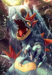  claws commentary cowboy_shot day feraligatr from_below highres karamimame looking_at_viewer no_humans open_mouth outdoors pokemon pokemon_(creature) rock slit_pupils splashing water waterfall wet yellow_eyes 