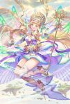  1girl absurdres bangs blonde_hair breasts chain_chronicle character_request dress floating floating_hair gloves haccan hairband high_heels highres long_hair looking_at_viewer official_art parted_lips small_breasts smile solo staff violet_eyes 