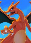  blue_background blue_eyes charizard claws collarbone commentary fangs highres karamimame looking_at_viewer no_humans open_mouth pokemon pokemon_(creature) slit_pupils tongue 