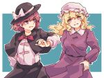  2girls blonde_hair blue_background bow brown_hair dress hat highres long_sleeves looking_at_another maribel_hearn mob_cap multiple_girls parted_lips pink_eyes purple_dress short_hair simple_background skirt smile touhou usami_renko violet_eyes wasabisuke white_background 