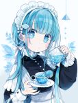  +_+ 1girl absurdres apron bandaid bandaid_on_hand bangs black_dress blue_eyes blue_hair blue_theme blush_stickers bow chon_(chon33v) closed_mouth commentary_request cup dress ear_piercing eyebrows_visible_through_hair grey_background hair_bow highres holding holding_saucer holding_teapot long_hair long_sleeves looking_at_viewer low_twintails maid maid_headdress original piercing pouring puffy_long_sleeves puffy_sleeves saucer see-through shell_hair_ornament solo teacup teapot transparent twintails upper_body very_long_hair white_apron white_bow 