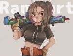  1girl apex_legends black_shirt brown_eyes brown_gloves brown_hair character_name cropped_shirt dark-skinned_female dark_skin facial_mark forehead_mark gloves grey_background gun highres holding holding_gun holding_weapon light_machine_gun m600_spitfire midriff navel nose_piercing nose_ring oinu-chan over_shoulder piercing rampart_(apex_legends) shirt side_ponytail solo twitter_username weapon weapon_over_shoulder 