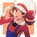  1girl :p blue_overalls bow brown_eyes brown_hair cabbie_hat hat hat_bow highres looking_at_viewer lyra_(pokemon) moegi_itsukashi overalls pokemon pokemon_(game) pokemon_hgss red_bow red_shirt shirt solo tongue tongue_out twintails upper_body white_headwear 