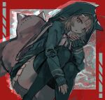  1girl :o animal_ears bangs breasts danganronpa_(series) danganronpa_2:_goodbye_despair eyebrows_visible_through_hair fake_animal_ears feet_out_of_frame flipped_hair fuji_den_fujiko galaga green_jacket green_legwear grey_background hair_ornament highres hood hood_up jacket long_sleeves looking_at_viewer medium_hair nanami_chiaki neck_ribbon pink_eyes pink_ribbon red_background ribbon shirt skirt solo thigh-highs white_shirt 