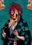  1boy absurdres adapted_costume alternate_hair_length alternate_hairstyle alternate_universe aqua_background arm_guards bangs checkered_clothes covered_mouth earrings fingernails fox_mask hair_between_eyes highres holding holding_mask japanese_clothes jewelry kamado_tanjirou kimetsu_no_yaiba kimono long_fingernails long_hair long_sleeves male_focus mask mask_removed red_eyes red_nails redhead ring sash seigaiha slit_pupils solo tassel upper_body wide_sleeves yagasuri youshima 