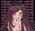  1girl :d apron bangs black_background blood blood_on_clothes blood_on_face blush collared_shirt commentary_request danganronpa_(series) danganronpa_2:_goodbye_despair english_text hand_up heart heart-shaped_pupils highres long_hair mole mole_under_eye peosi_(percy) pink_blood pink_shirt shiny shiny_hair shirt simple_background smile solo symbol-shaped_pupils teeth tsumiki_mikan upper_teeth white_apron yandere 
