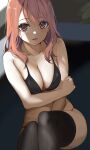  1girl bikini black_bikini black_legwear breasts collarbone commentary eyebrows_visible_through_hair highres icehotmilktea lips looking_at_viewer medium_breasts medium_hair original red_eyes redhead sitting solo swimsuit thigh-highs 