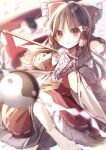  1girl ascot blurry blush bow brown_hair detached_sleeves hair_bow hair_ornament hair_tubes hakurei_reimu highres long_hair looking_at_viewer red_skirt ribbon-trimmed_sleeves ribbon_trim shiba_0007 skirt smile solo touhou wide_sleeves 