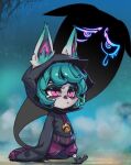  1girl bangs black_footwear black_hoodie colored_skin full_body gradient gradient_background green_hair grey_skin hood hood_up hoodie league_of_legends long_sleeves medium_hair pants phantom_ix_row pink_eyes pink_pants slit_pupils solo vex_(league_of_legends) yordle 