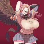  1girl 2022 arms_up artist_name blue_eyes blush braids breasts dated glasses grey_skirt large_breasts looking_at_viewer one_eye_closed original red_background sandforte shoulder_armor signature smile strawberry_blonde_hair wings 